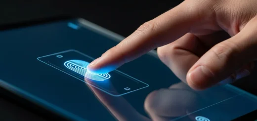 A close-up of a man scanning his thumb on a digital screen, highlighting biometric authentication security risks.
