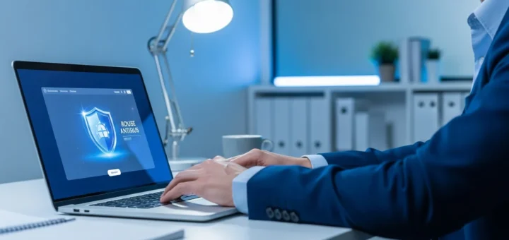 A modern laptop screen displaying real-time security scanning and Bitdefender malware protection status.