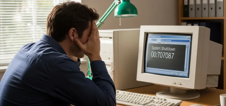 A vintage desktop computer showing a critical system error dialog caused by the blaster malware infection.