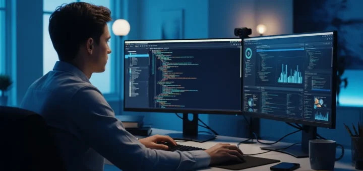 A man studying a guide to capture the flag CTF competitions for beginners on his computer in a home office.