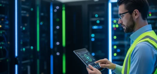 IT specialist reviewing the CIS controls implementation guide on a tablet in a secure data center environment.