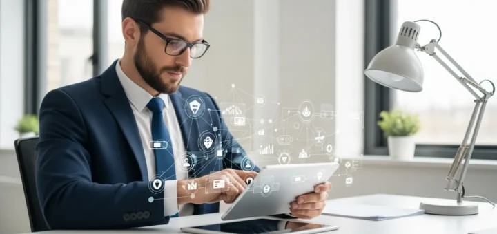 A professional reviewing the CISSP certification requirements 2026 on a digital tablet in a modern office.