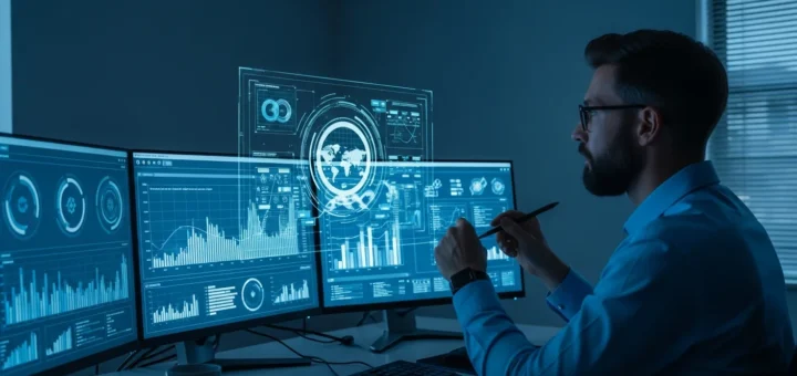 Modern cybersecurity dashboard showing real-time cryptojacking detection and prevention metrics in a secure office.