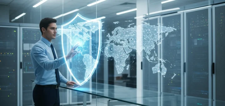 A secure cyber resilience strategy for enterprises 2026 visualized through digital shields and global networks.