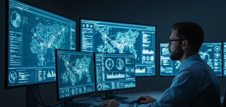 Advanced cyber threat hunting techniques 2026 displayed on high-tech monitors in a modern security center.
