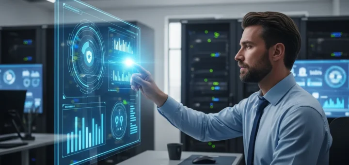A professional implementing the cybersecurity framework NIST guide 2026 on a high-tech data dashboard.