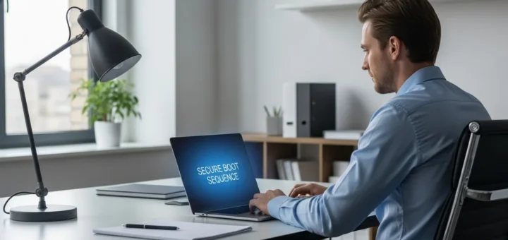 A secure laptop startup screen protected by early launch anti malware technology in a modern office.