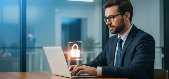 A man reviewing secure email encryption tools for privacy on a high-end laptop in a modern office.