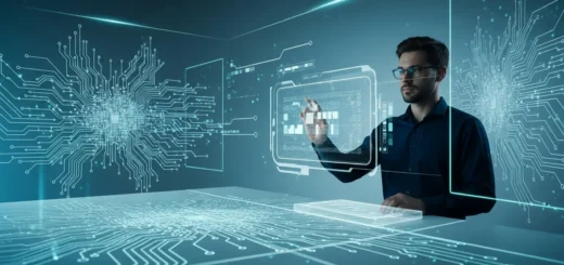 A man interacting with holographic data, showing emerging tech trends impact on digital privacy.