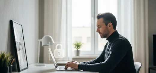 Professional selecting endpoint security solutions for remote workers on a laptop in a bright home office.