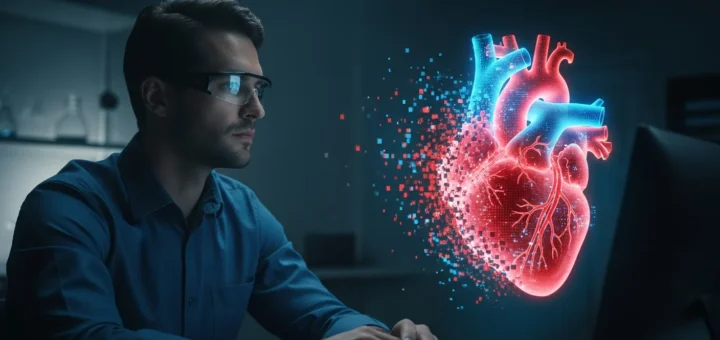 A man viewing a glitching digital hologram, symbolizing error 404 malware of the heart in a technical environment.