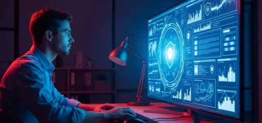 A cybersecurity professional analyzing hidden email malware threats on a high-tech digital interface.