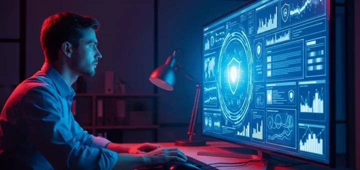 A cybersecurity professional analyzing hidden email malware threats on a high-tech digital interface.