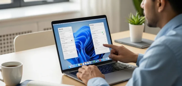 A man using system settings to learn how to bypass malware warning mac on a modern laptop computer.