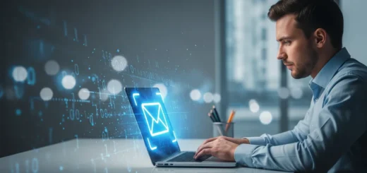 A man examining a digital inbox to learn how to detect AI-generated phishing emails in a modern office.