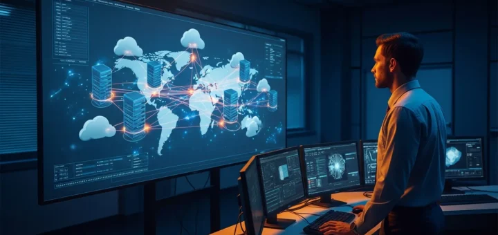 A professional analyzing data to learn how to detect lateral movement in cloud environments on a high-tech screen.