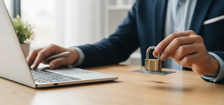 A man using his laptop to learn how to freeze credit to prevent identity theft and secure his personal finances.