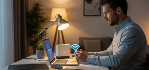 A man learning how to practice cybersecurity at home by securing his wireless router and laptop.