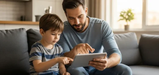 A father using a tablet to show how to protect children online parental controls for a safe digital environment.