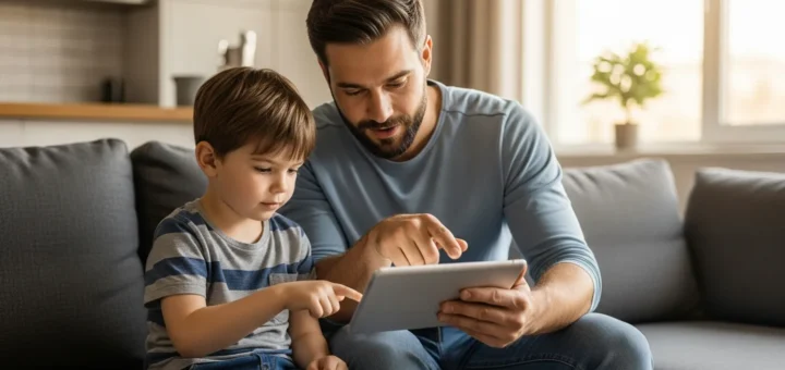 A father using a tablet to show how to protect children online parental controls for a safe digital environment.