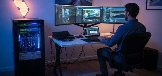 Step-by-step guide on how to set up a home lab for cybersecurity featuring rack servers and high-end monitors.