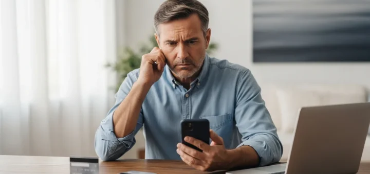 A man reviewing suspicious messages on his phone to learn how to spot a romance scam online and protect his assets.
