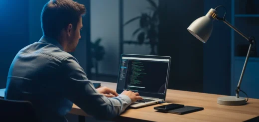 A man learning how to use Kali Linux for beginners while working on a laptop in a dimly lit office space.