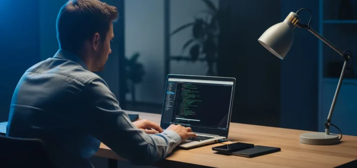 A man learning how to use Kali Linux for beginners while working on a laptop in a dimly lit office space.