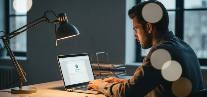 A man learning how to use Tor browser safely to protect his identity on a laptop in a private setting.