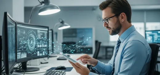 A professional man reviewing a digital incident response plan template free for cybersecurity preparedness.
