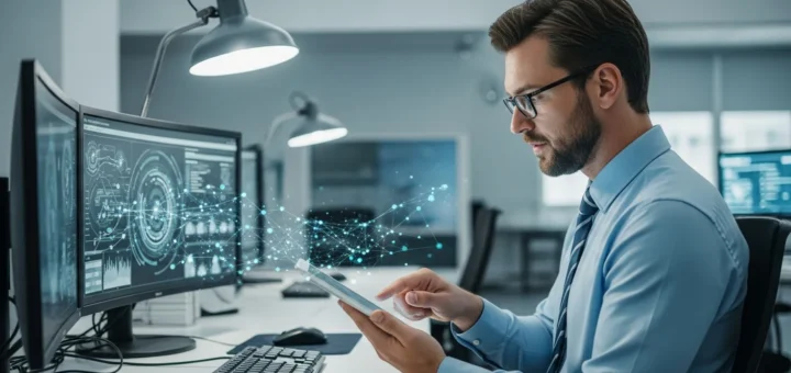 A professional man reviewing a digital incident response plan template free for cybersecurity preparedness.