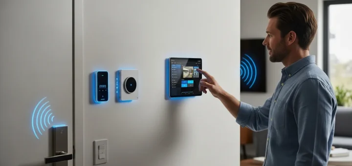 A man managing a smart home dashboard to implement IoT device security best practices.