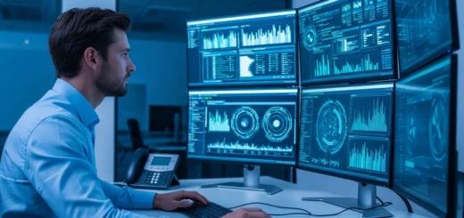A professional system administrator uses a terminal interface to linux malware detect on a high-tech workstation.