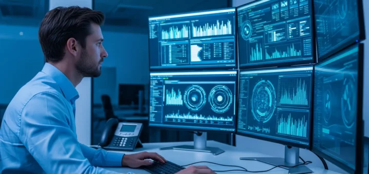 A professional system administrator uses a terminal interface to linux malware detect on a high-tech workstation.