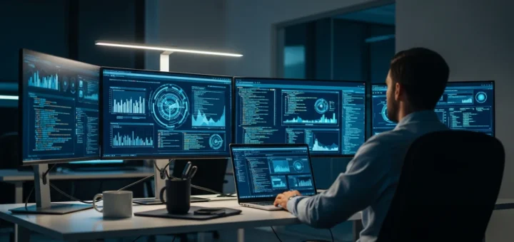 A professional desk setup showing malware analysis tools for beginners on a sleek dual-monitor workstation.