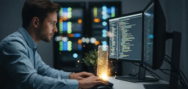 A close-up view of complex malware code displayed on a computer monitor during a cybersecurity analysis.