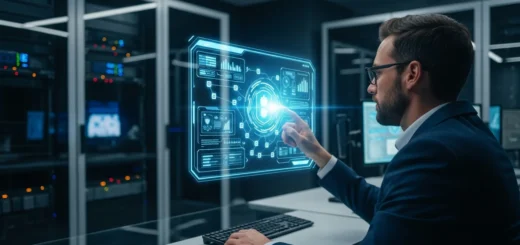 A cybersecurity professional monitoring a modern malware defense system on a futuristic digital dashboard.