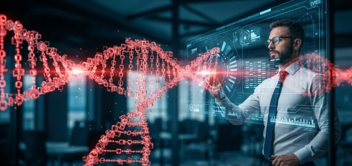 A digital visualization of malware dna using glowing code strands and binary data to identify cyber threats.