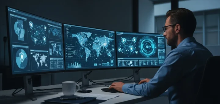 A cybersecurity professional utilizing a malware domain list to filter and block cyber threats on a secure network.