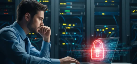 A digital visualization of malware encryption locking sensitive data on a high-tech computer server.