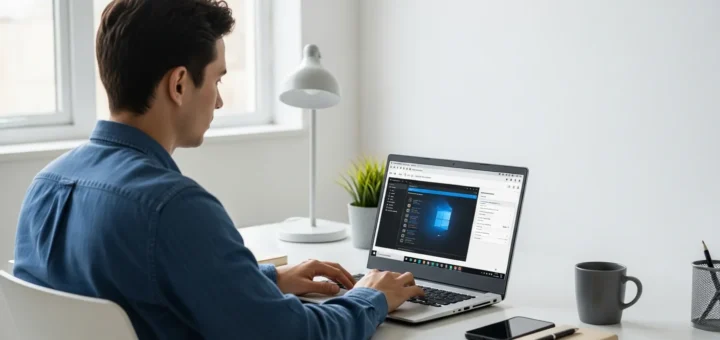 A man performing a security scan to identify and remove mightytechy malware from a laptop in a modern home office.