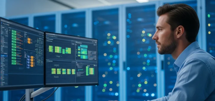 A professional conducting network traffic analysis with Wireshark on a high-tech laptop in a modern server room.