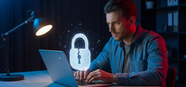 A conceptual digital interface showing OAuth security vulnerabilities explained through a cracked login shield icon.