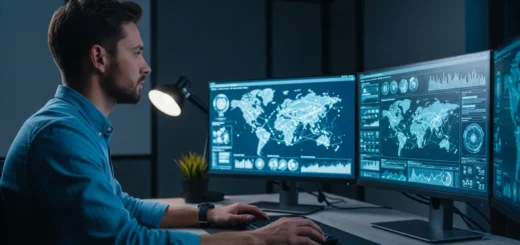 Reviewing essential OSINT tools for cybersecurity professionals on a futuristic digital map interface.