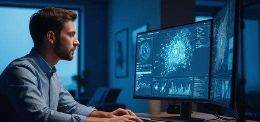 A professional analyzing phishing simulation tools for companies on a high-tech cybersecurity dashboard.