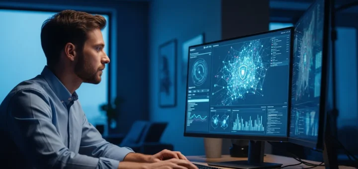 A professional analyzing phishing simulation tools for companies on a high-tech cybersecurity dashboard.