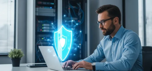 Effective ransomware protection for small businesses illustrated by a secure digital shield over an office network.