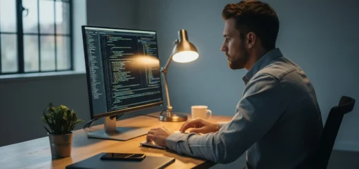 A man analyzing assembly code while learning reverse engineering for cybersecurity beginners on a high-end laptop.