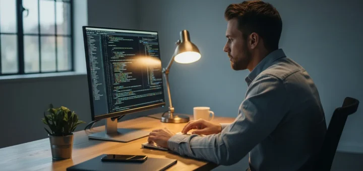 A man analyzing assembly code while learning reverse engineering for cybersecurity beginners on a high-end laptop.