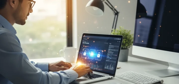 A professional comparing secure file sharing tools for businesses on a modern laptop in a corporate office.